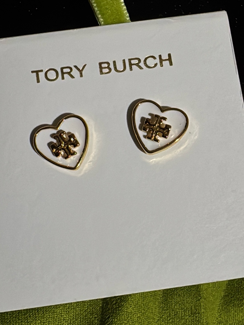 Tory Burch White and Gold Heart Logo Stud Earrings